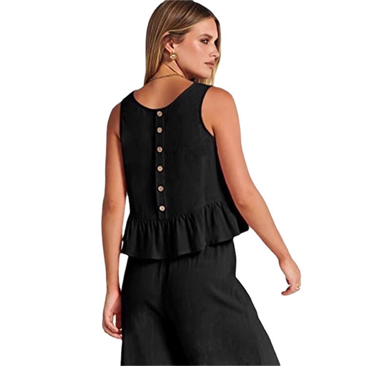 2026 Summer New Women's Sleeveless Pleated Vest Wide-Leg Nine-Point Pants Casual Suit
