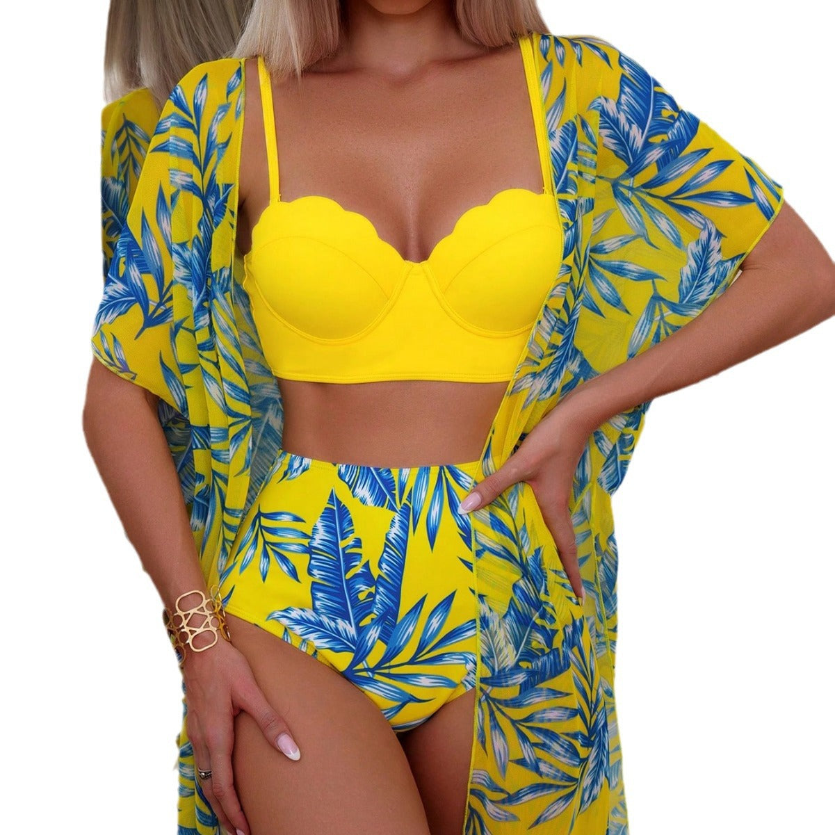 2026 New Island Vacation Skinny Swimsuit Women's Maple Leaf Printed Bikini Three-piece Set
