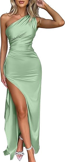 2026 Women's Single Shoulder Puckered Split Hem Sexy Short-Sleeved Satin Dress, European And American Summer Temperament Style