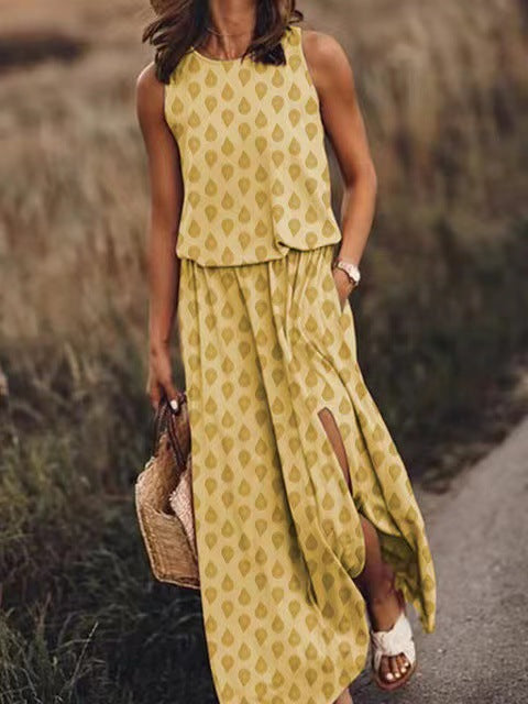2026 Summer New European And American Women's Clothing Round Neck Sleeveless Split Hem Multi-Color Solid Color Long Dress