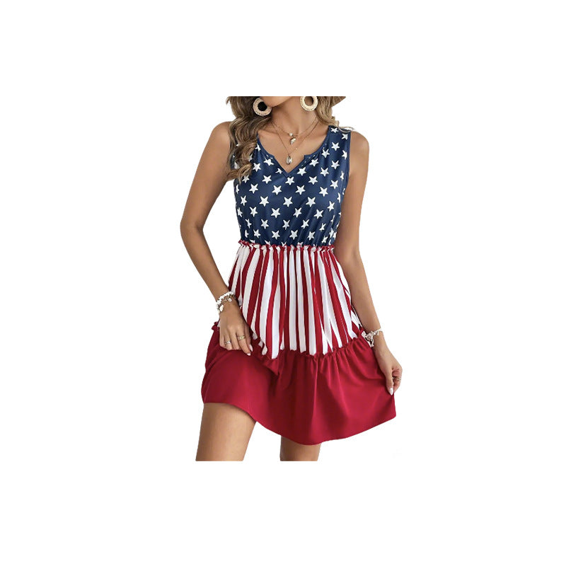2026 European and American new American retro star-spangled flag printed sleeveless V-neck loose dress