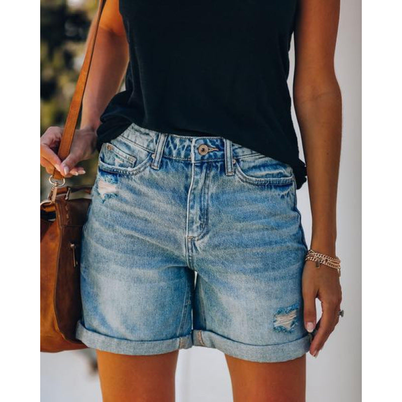 2026 Summer Fashion Street Curling Ripped Straight Pants Women's Denim Shorts