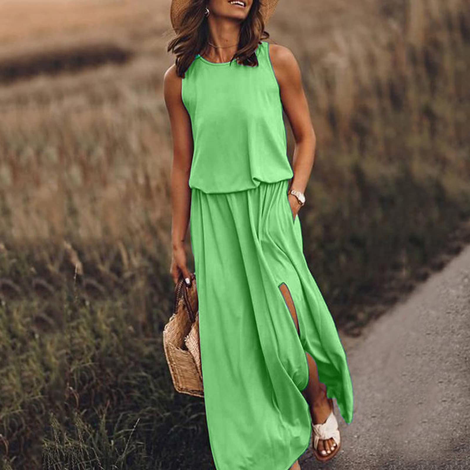2026 Summer New European And American Women's Clothing Round Neck Sleeveless Split Hem Multi-Color Solid Color Long Dress