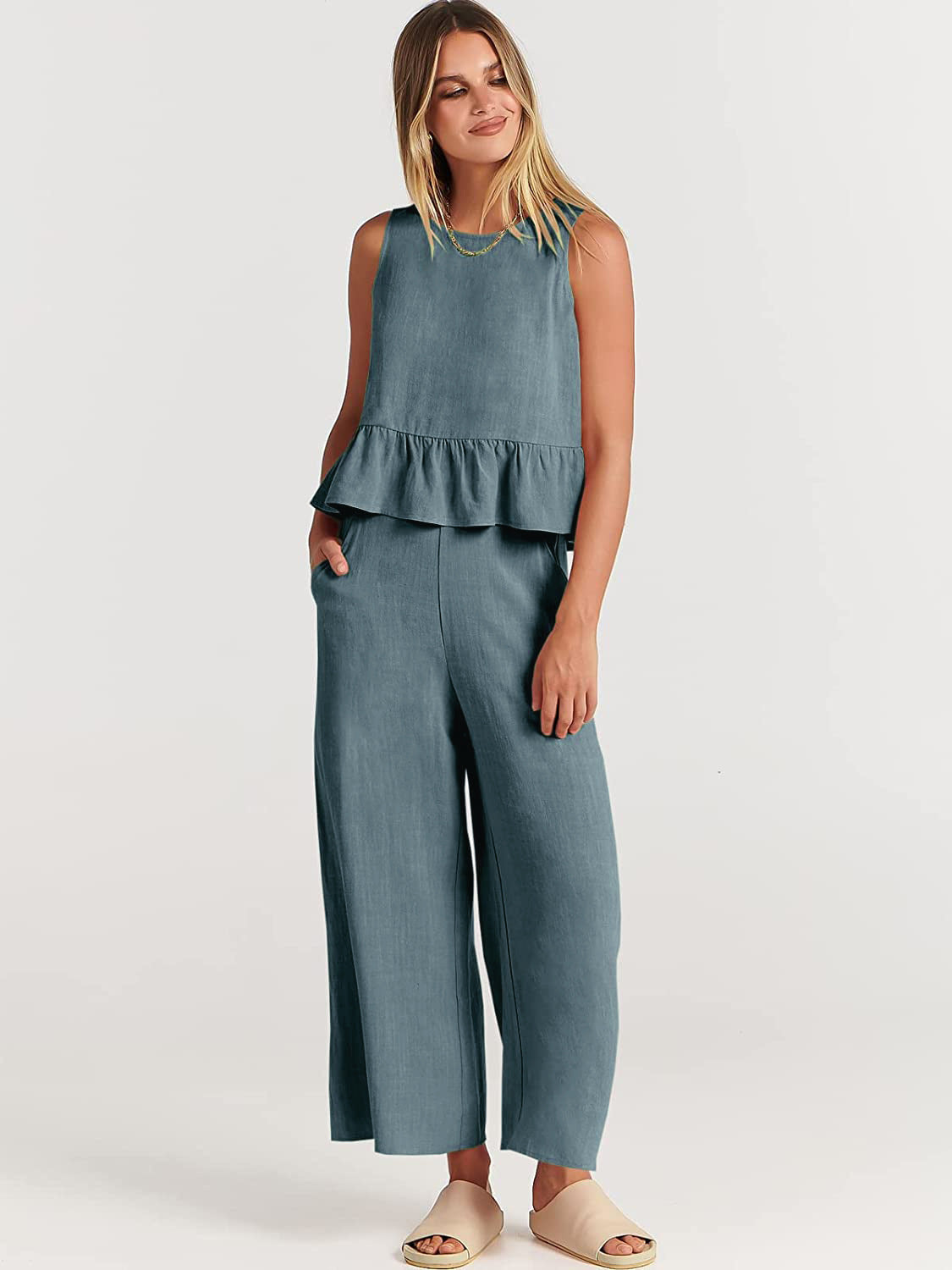 2026 Summer New Women's Sleeveless Pleated Vest Wide-Leg Nine-Point Pants Casual Suit