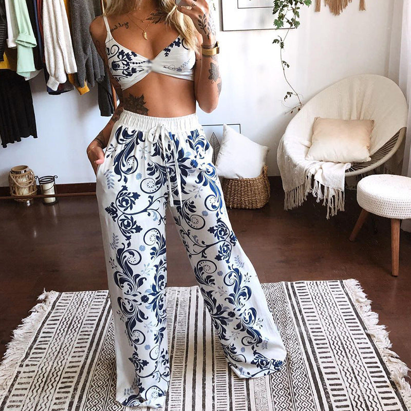 2026 Summer New European And American Women's Clothing Printed Sexy Tube Top Loose Wide-Leg Pants Two-Piece Set