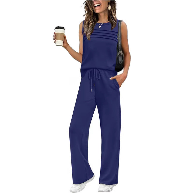 2026 Spring And Summer New Casual Suit Pleated Vest Women's Top Two-Piece Set Women's