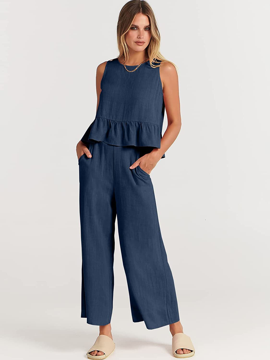 2026 Summer New Women's Sleeveless Pleated Vest Wide-Leg Nine-Point Pants Casual Suit