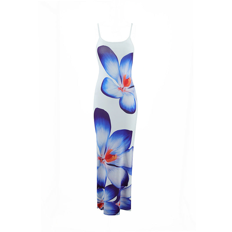 2026 Summer Women's New Sexy Suspender Flower Print Slim-Fitting Long Dress