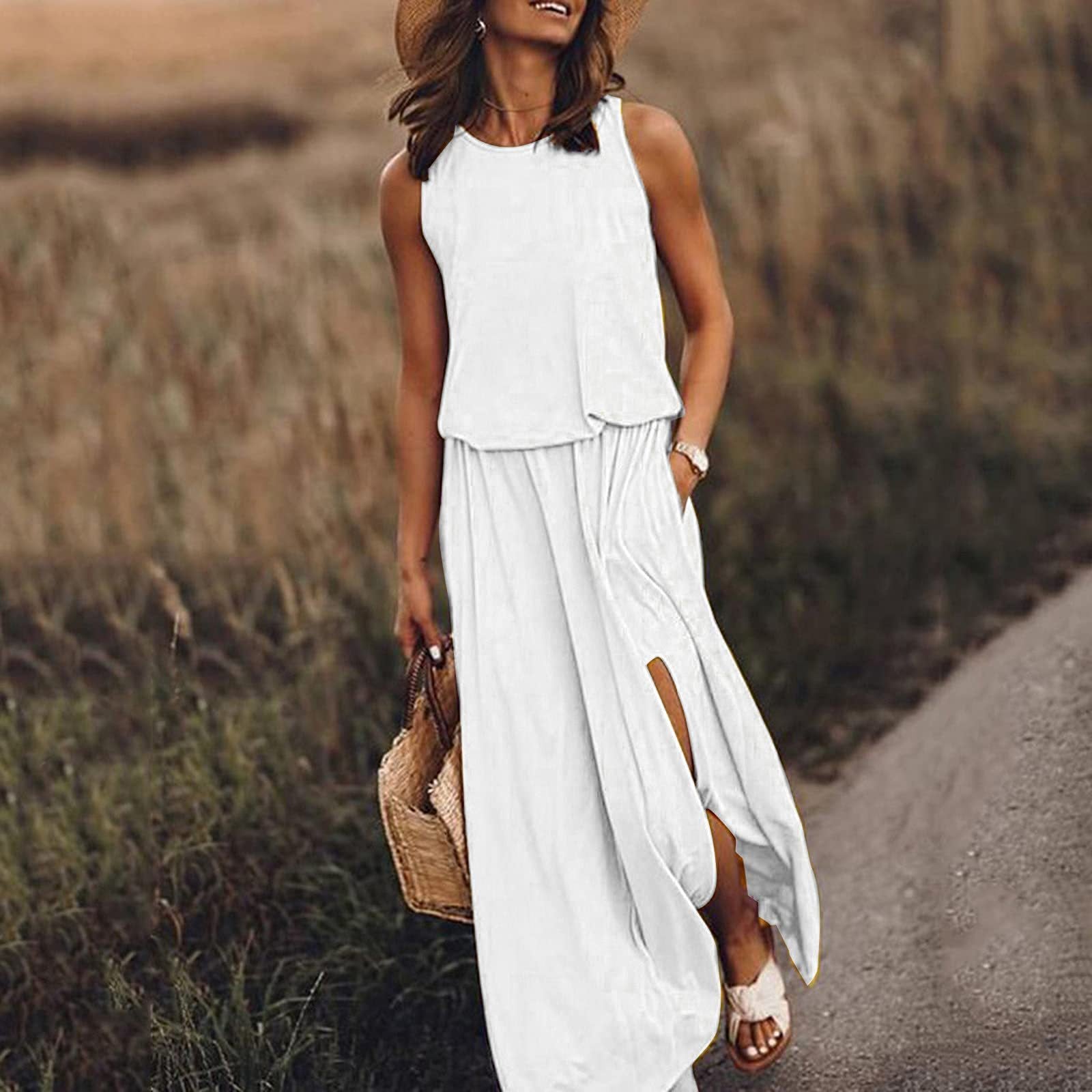 2026 Summer New European And American Women's Clothing Round Neck Sleeveless Split Hem Multi-Color Solid Color Long Dress