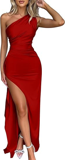 2026 Women's Single Shoulder Puckered Split Hem Sexy Short-Sleeved Satin Dress, European And American Summer Temperament Style