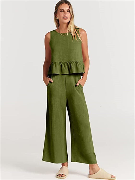 2026 Summer New Women's Sleeveless Pleated Vest Wide-Leg Nine-Point Pants Casual Suit