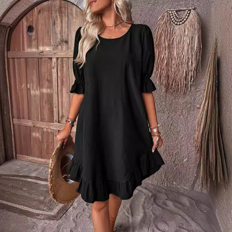 2026 spring and summer European and American women's clothing retro cotton and linen medium-sleeved round neck solid color loose pendulum dress