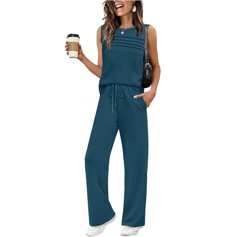 2026 Spring And Summer New Casual Suit Pleated Vest Women's Top Two-Piece Set Women's
