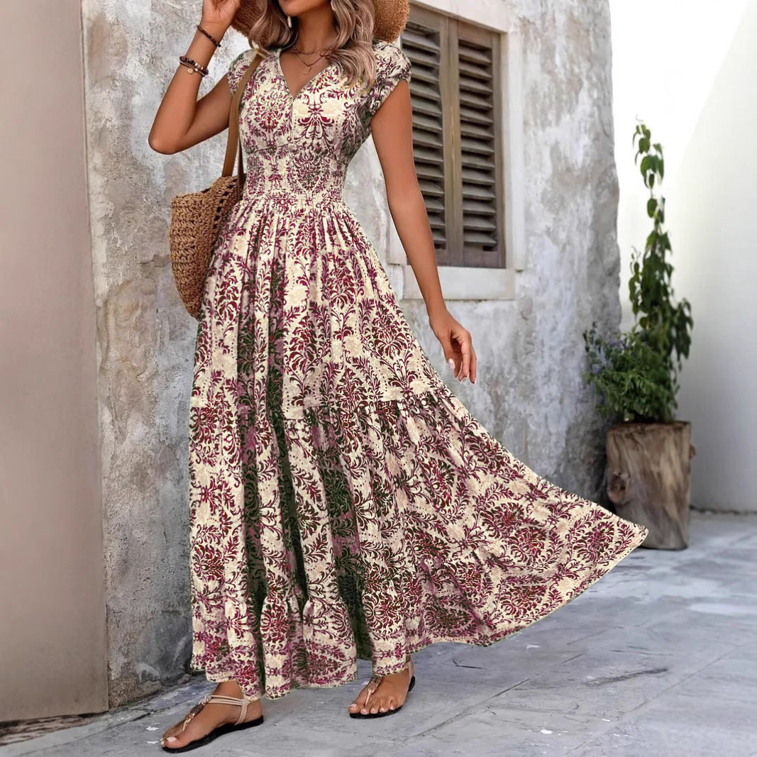 2026 retro print dress fashionable and elegant V-neck short-sleeved dress long dress women's clothing