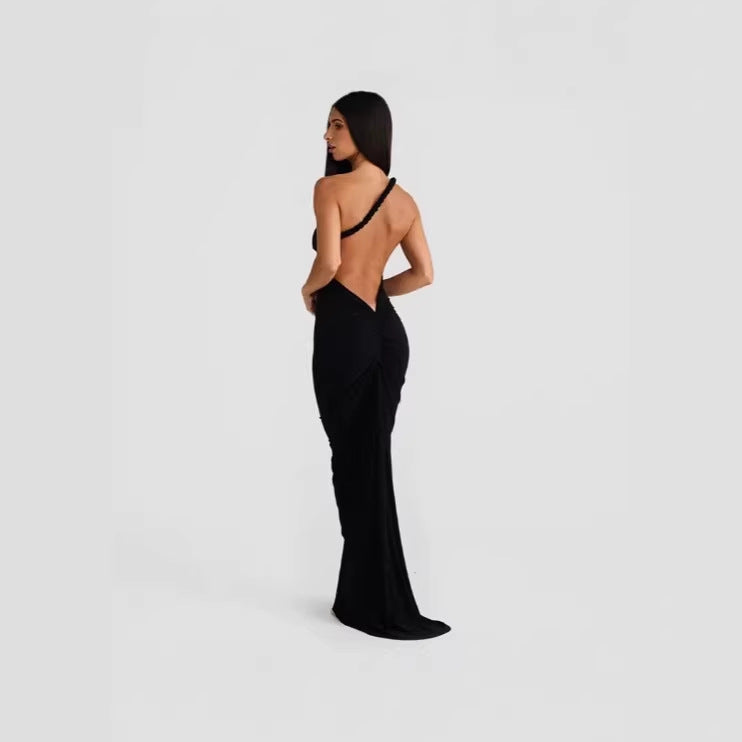 2026 spring new sexy neck halter solid color long dress loose A word dress