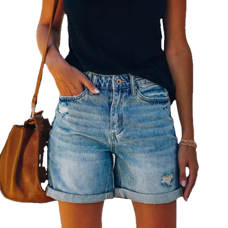 2026 Summer Fashion Street Curling Ripped Straight Pants Women's Denim Shorts