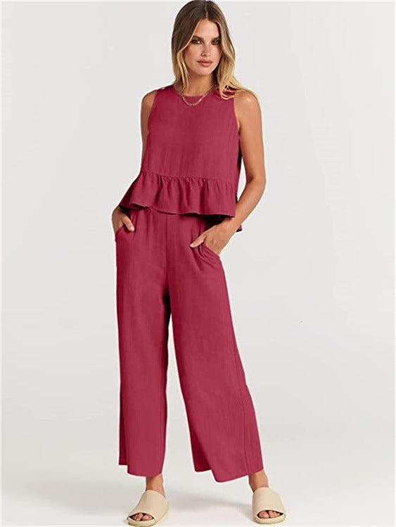 2026 Summer New Women's Sleeveless Pleated Vest Wide-Leg Nine-Point Pants Casual Suit