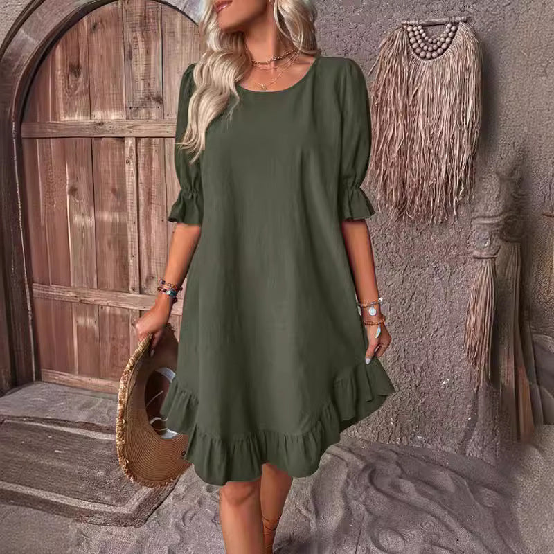 2026 spring and summer European and American women's clothing retro cotton and linen medium-sleeved round neck solid color loose pendulum dress