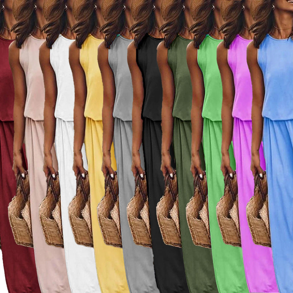 2026 Summer New European And American Women's Clothing Round Neck Sleeveless Split Hem Multi-Color Solid Color Long Dress