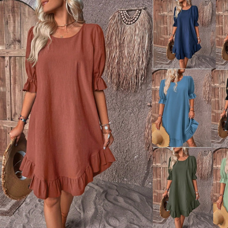 2026 spring and summer European and American women's clothing retro cotton and linen medium-sleeved round neck solid color loose pendulum dress