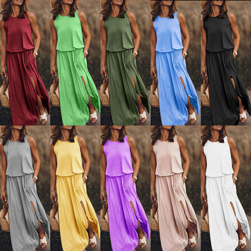 2026 Summer New European And American Women's Clothing Round Neck Sleeveless Split Hem Multi-Color Solid Color Long Dress