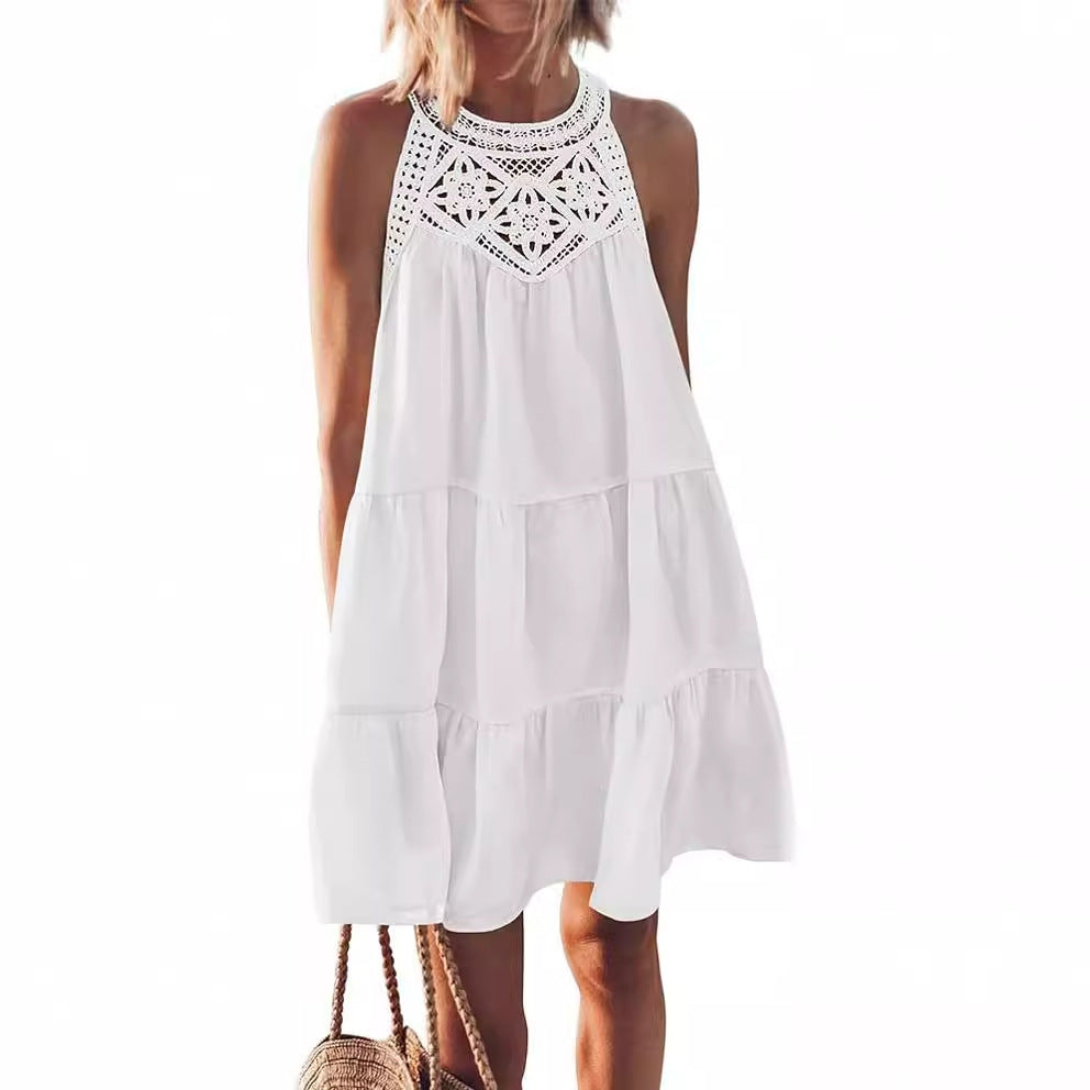 2026 Women's Clothing Spring And Summer Explosion, Hollow Lace Splicing Neck A-Line Dress