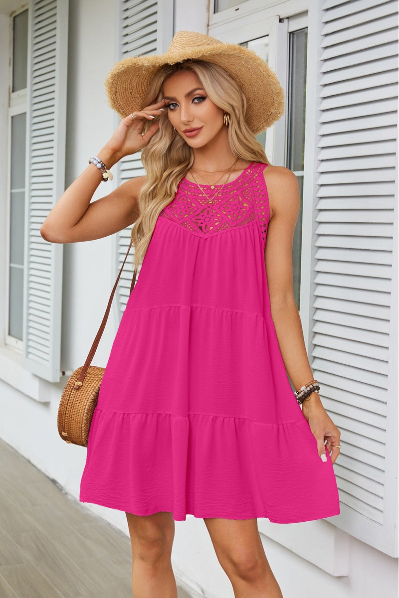2026 Women's Clothing Spring And Summer Explosion, Hollow Lace Splicing Neck A-Line Dress