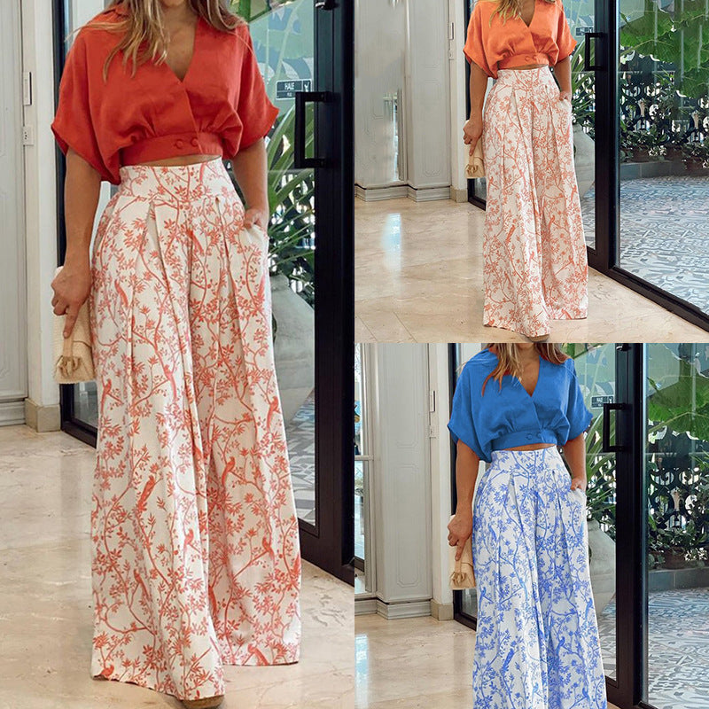 2026 Spring New European And American Women's Clothing, Casual Style V-Neck Printing Slim-Fitting Short-Sleeved Trousers Set