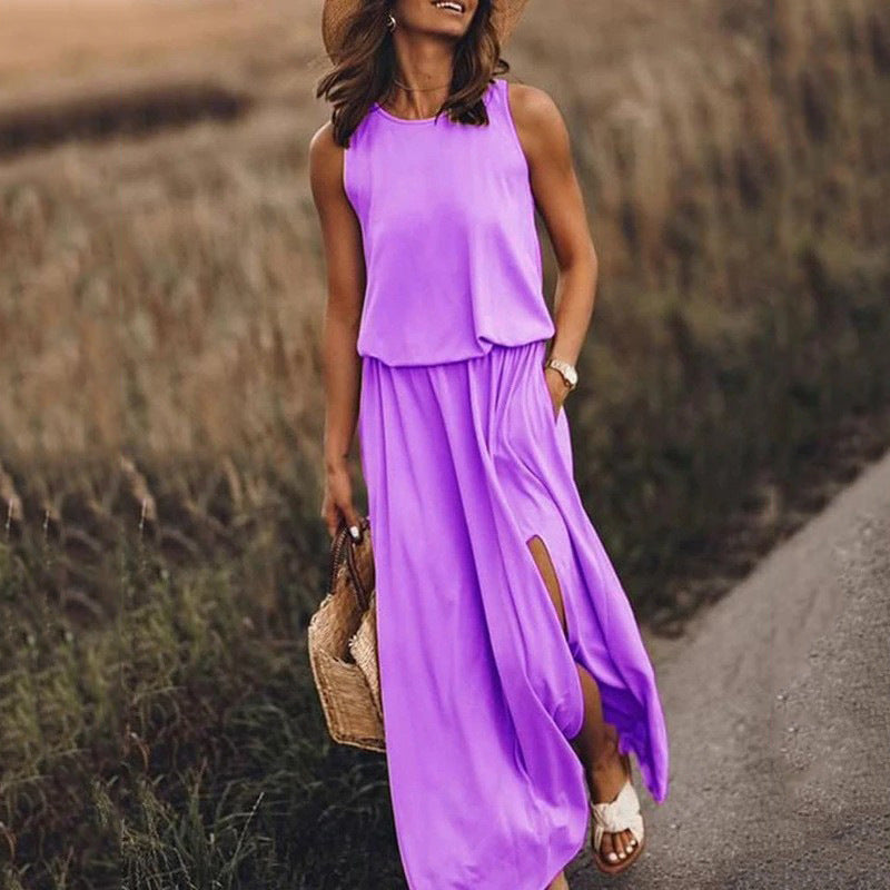 2026 Summer New European And American Women's Clothing Round Neck Sleeveless Split Hem Multi-Color Solid Color Long Dress