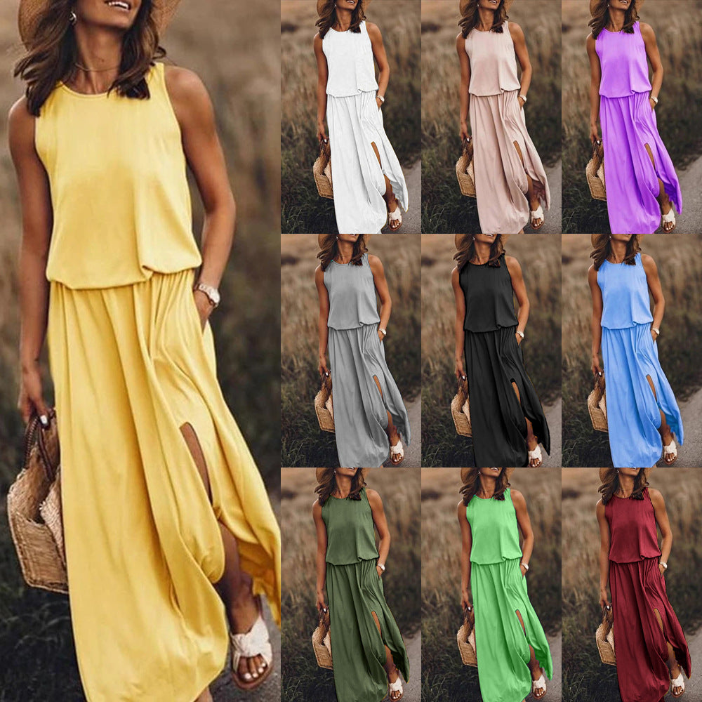 2026 Summer New European And American Women's Clothing Round Neck Sleeveless Split Hem Multi-Color Solid Color Long Dress