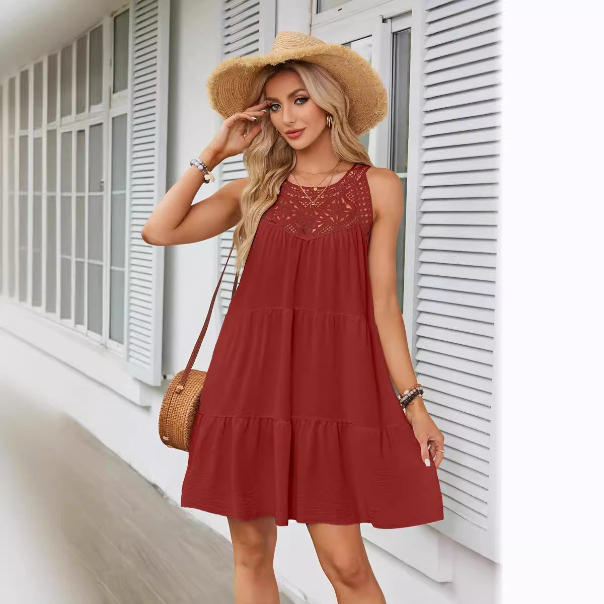2026 Women's Clothing Spring And Summer Explosion, Hollow Lace Splicing Neck A-Line Dress