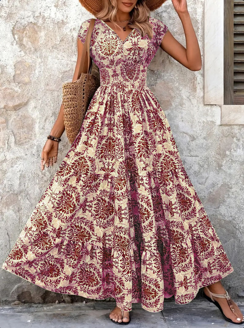 2026 retro print dress fashionable and elegant V-neck short-sleeved dress long dress women's clothing