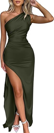 2026 Women's Single Shoulder Puckered Split Hem Sexy Short-Sleeved Satin Dress, European And American Summer Temperament Style