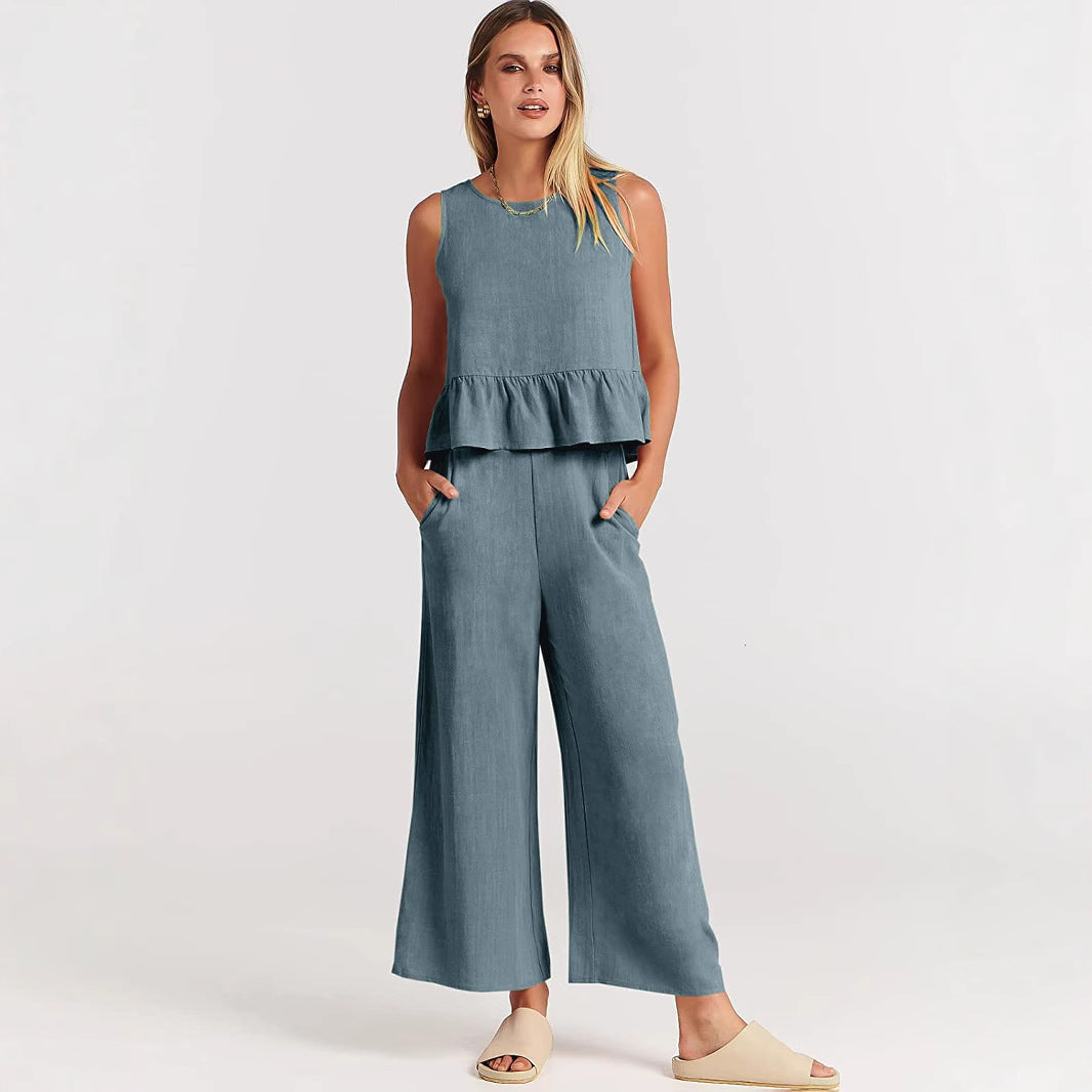 2026 Summer New Women's Sleeveless Pleated Vest Wide-Leg Nine-Point Pants Casual Suit