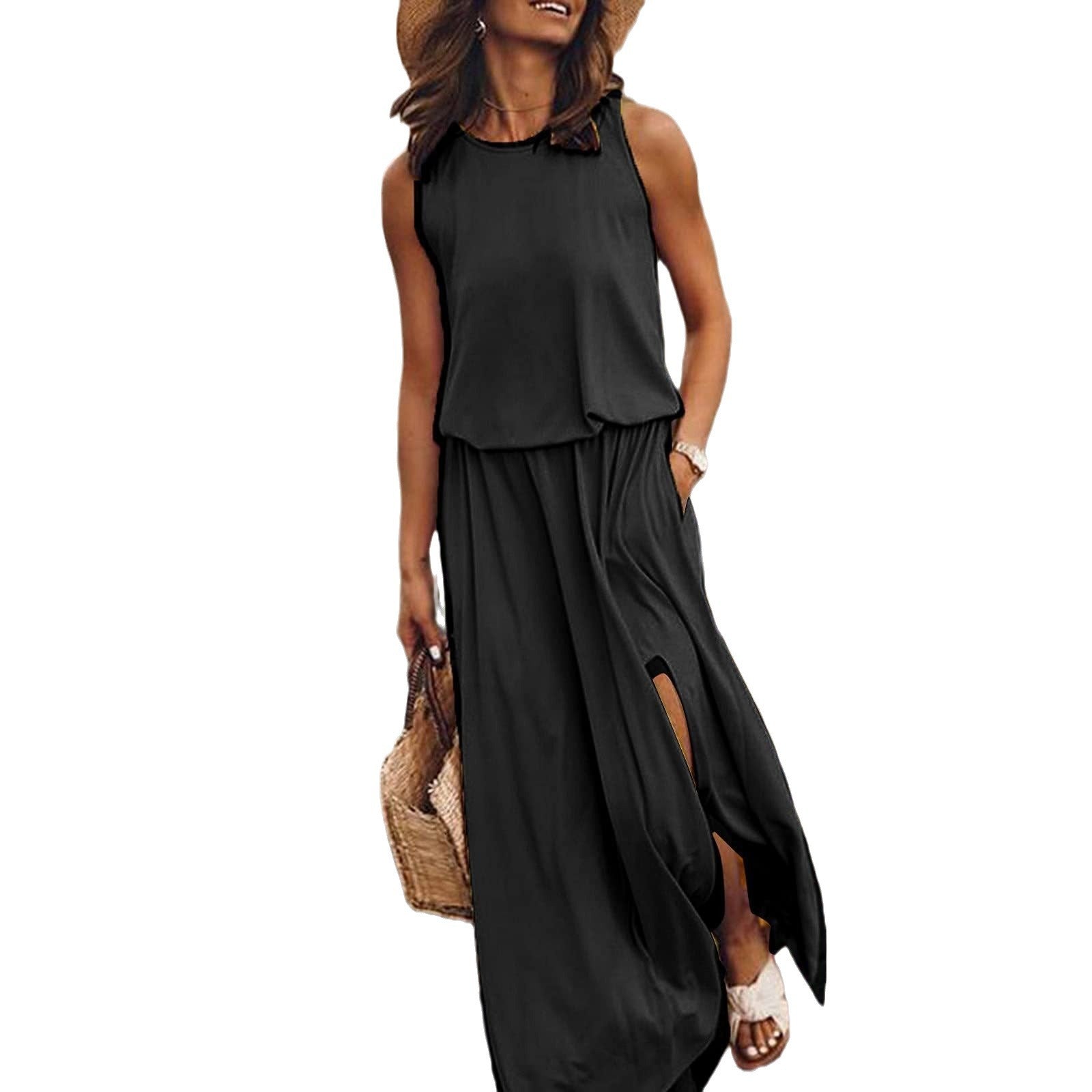 2026 Summer New European And American Women's Clothing Round Neck Sleeveless Split Hem Multi-Color Solid Color Long Dress