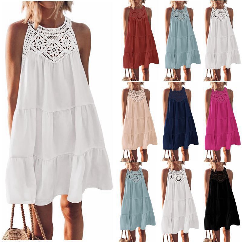 2026 Women's Clothing Spring And Summer Explosion, Hollow Lace Splicing Neck A-Line Dress
