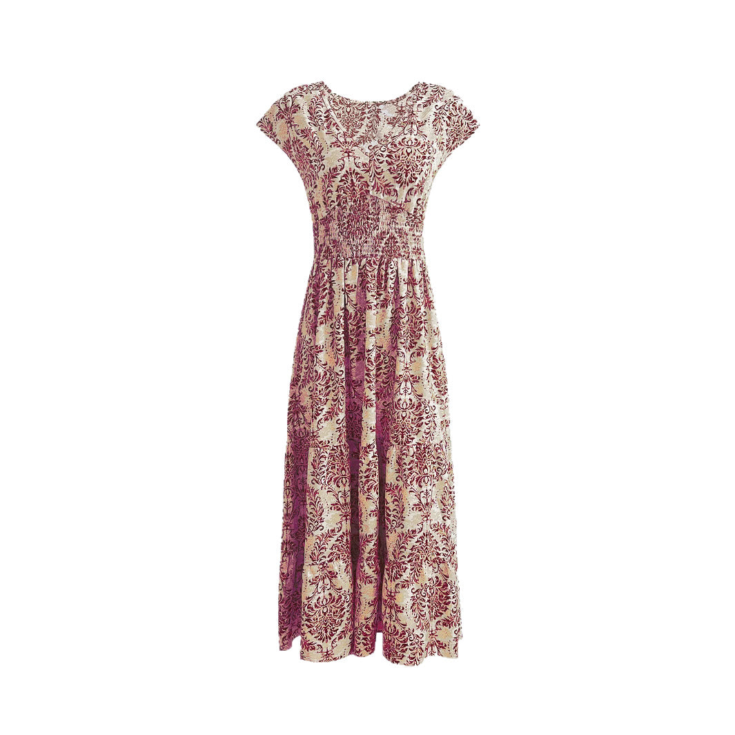 2026 retro print dress fashionable and elegant V-neck short-sleeved dress long dress women's clothing