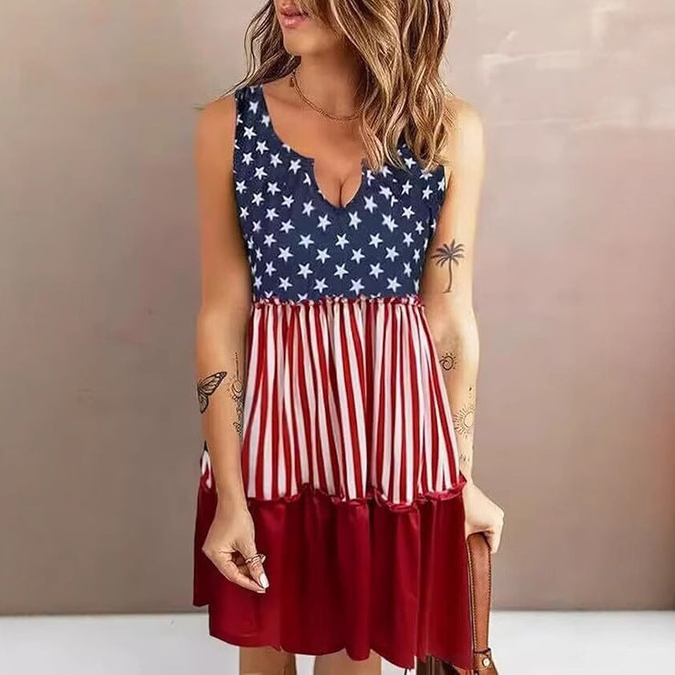 2026 European and American new American retro star-spangled flag printed sleeveless V-neck loose dress