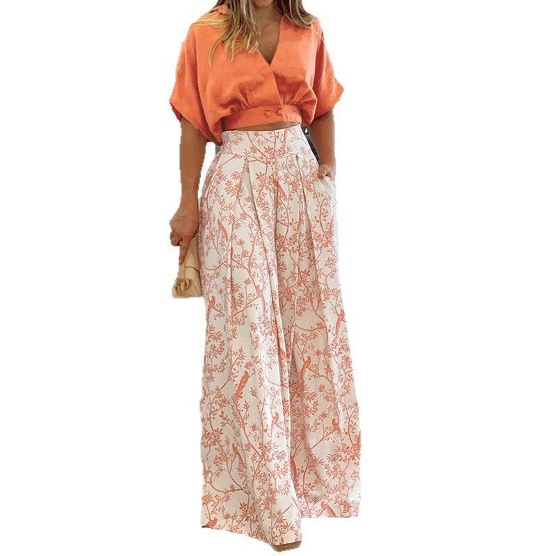2026 Spring New European And American Women's Clothing, Casual Style V-Neck Printing Slim-Fitting Short-Sleeved Trousers Set