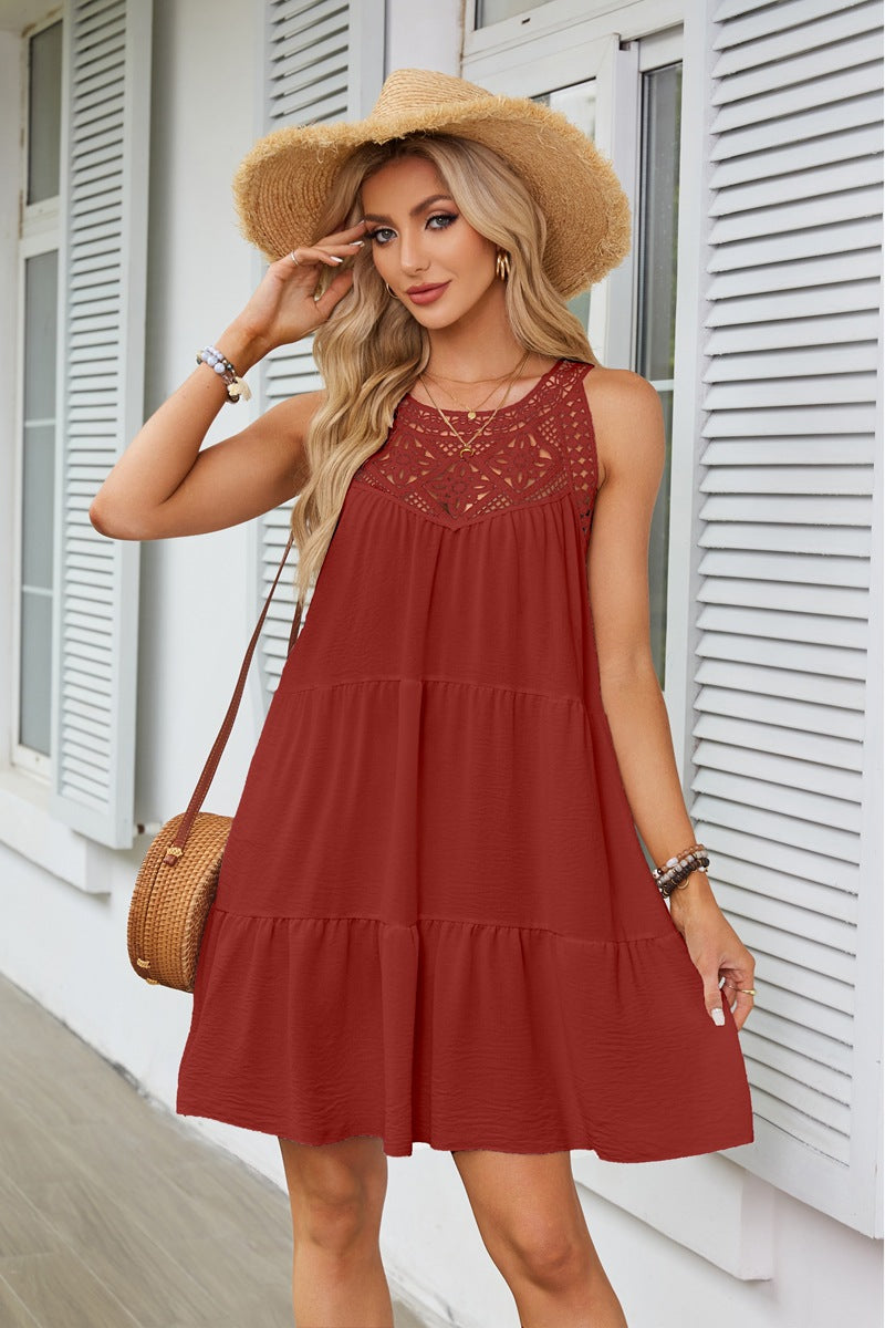 2026 Women's Clothing Spring And Summer Explosion, Hollow Lace Splicing Neck A-Line Dress