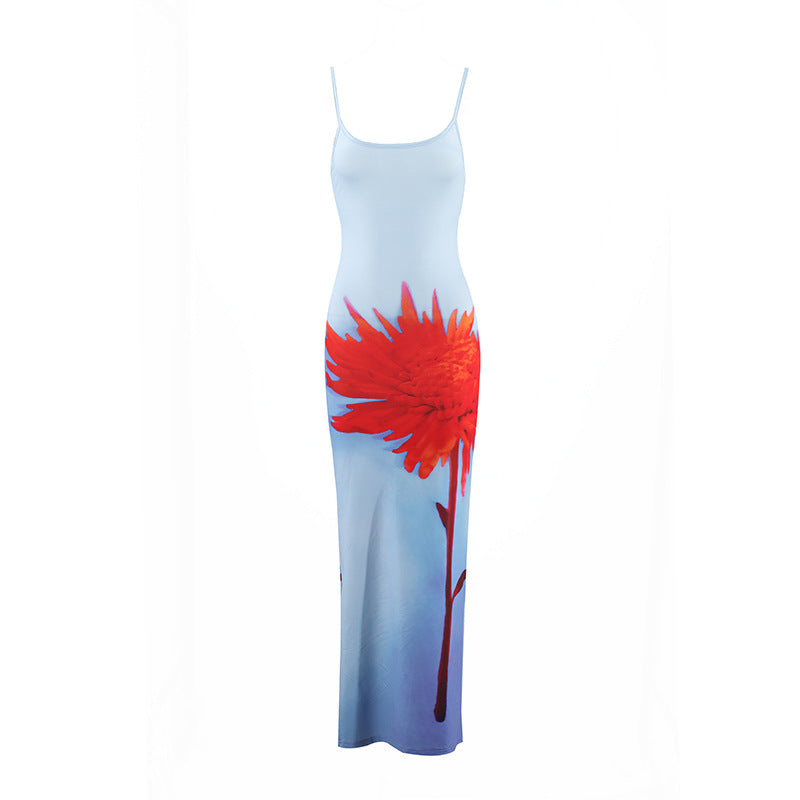 2026 Summer Women's New Sexy Suspender Flower Print Slim-Fitting Long Dress