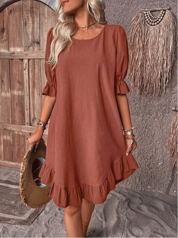 2026 spring and summer European and American women's clothing retro cotton and linen medium-sleeved round neck solid color loose pendulum dress