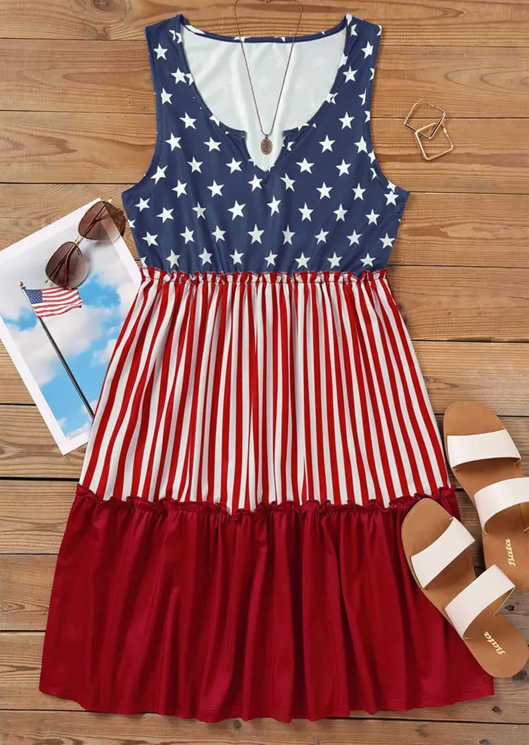 2026 European and American new American retro star-spangled flag printed sleeveless V-neck loose dress