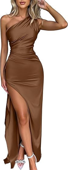 2026 Women's Single Shoulder Puckered Split Hem Sexy Short-Sleeved Satin Dress, European And American Summer Temperament Style