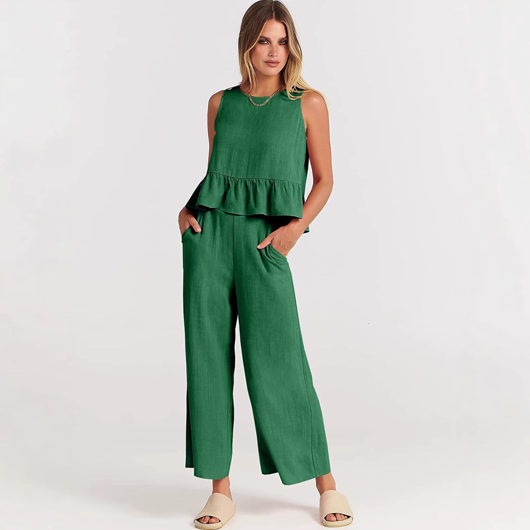 2026 Summer New Women's Sleeveless Pleated Vest Wide-Leg Nine-Point Pants Casual Suit