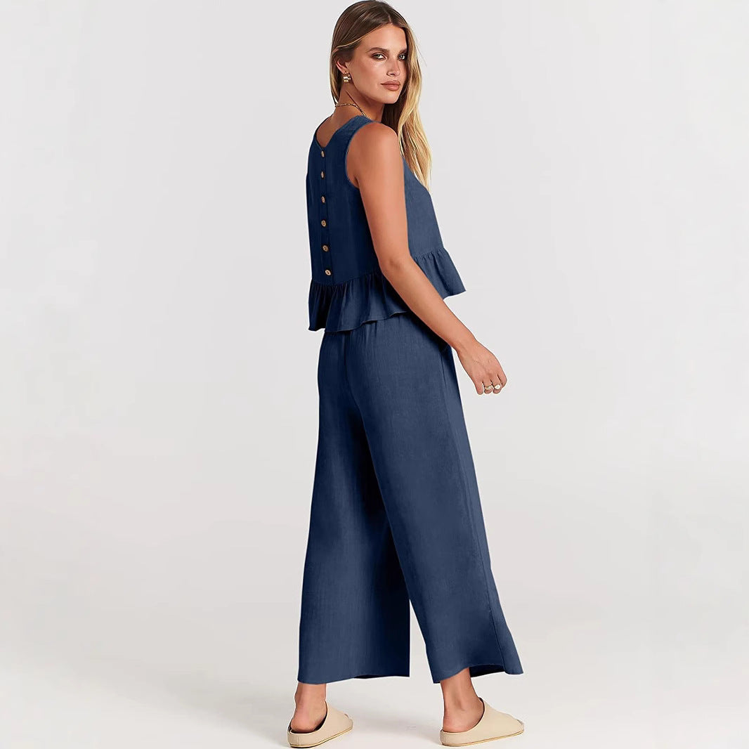 2026 Summer New Women's Sleeveless Pleated Vest Wide-Leg Nine-Point Pants Casual Suit