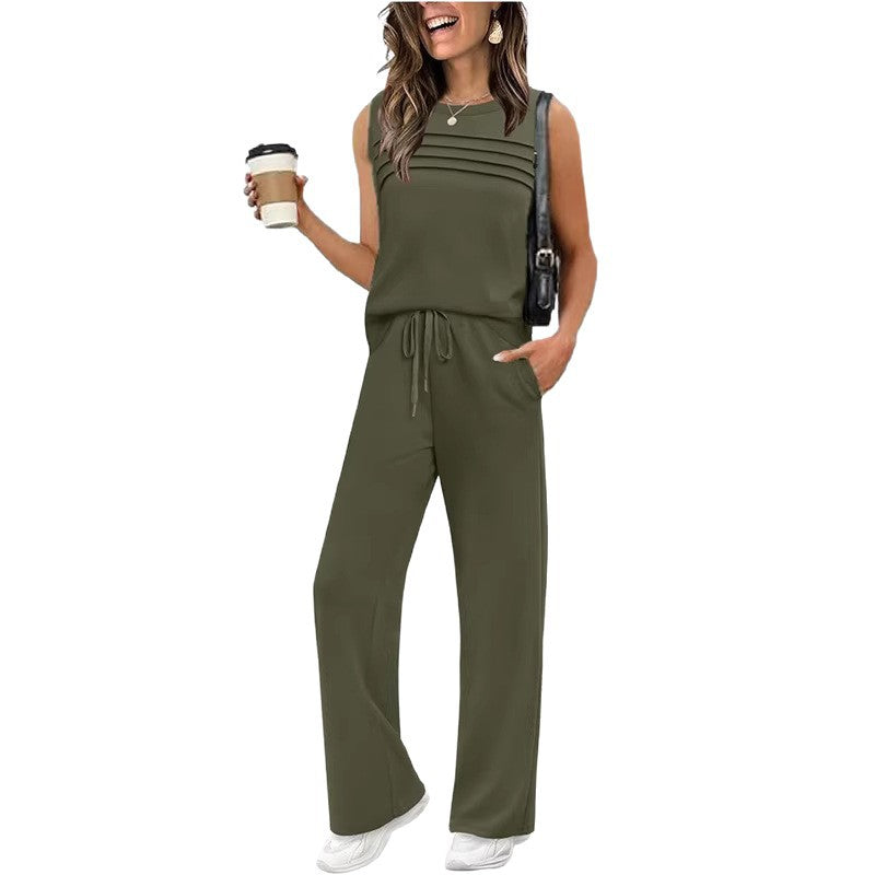 2026 Spring And Summer New Casual Suit Pleated Vest Women's Top Two-Piece Set Women's