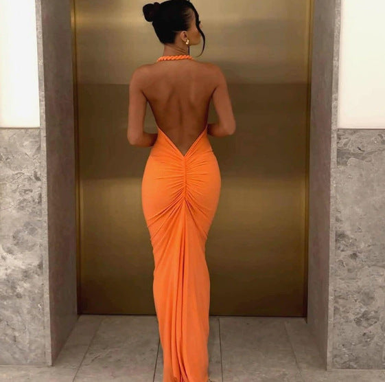 2026 spring new sexy neck halter solid color long dress loose A word dress