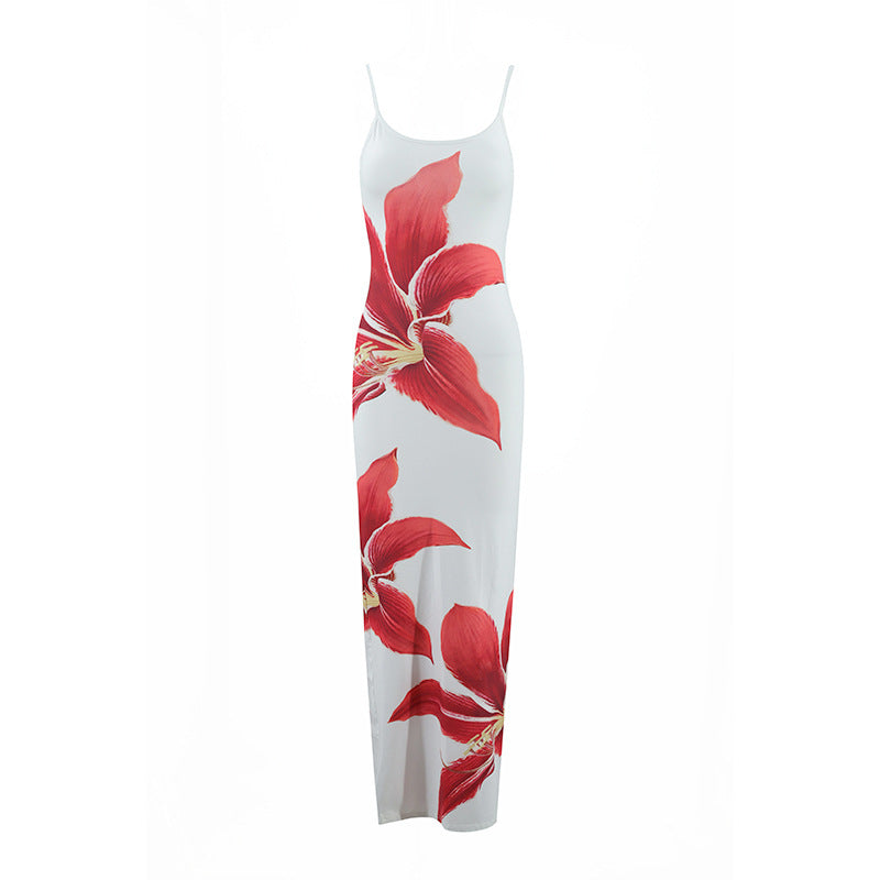 2026 Summer Women's New Sexy Suspender Flower Print Slim-Fitting Long Dress