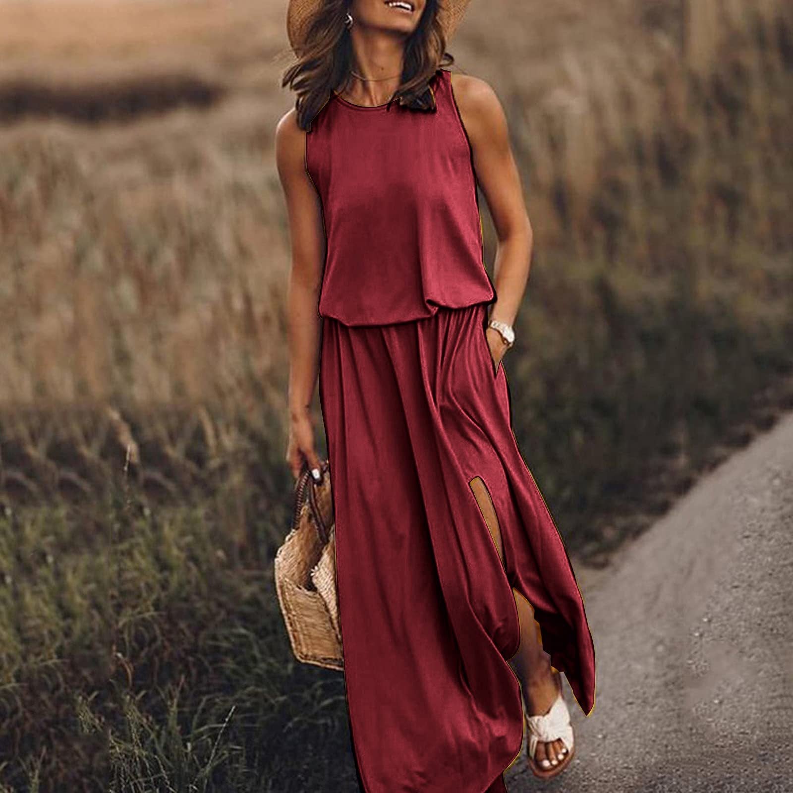 2026 Summer New European And American Women's Clothing Round Neck Sleeveless Split Hem Multi-Color Solid Color Long Dress